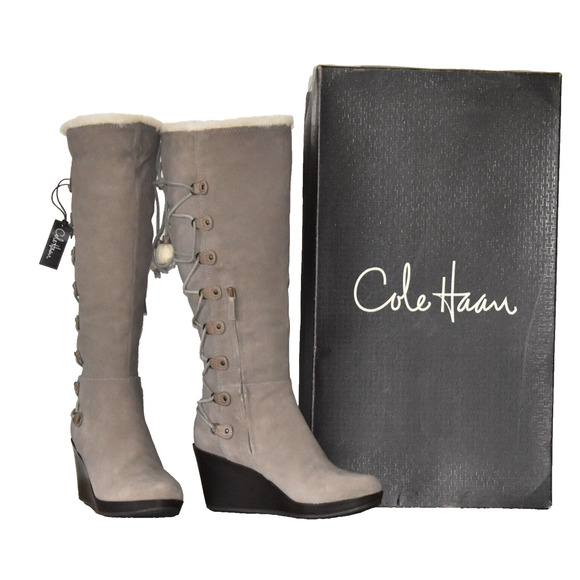 C0 NEW COLE HAAN AIR TALI Greige Suede Waterproof Tall Shearling Boots Size 9B - Picture 1 of 10